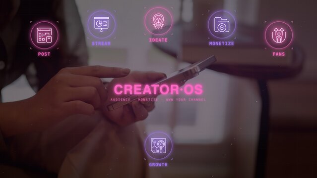 creator holding smartphone with digital content monetization platform interface overlay showing post stream create monetize fans growth icons for social media