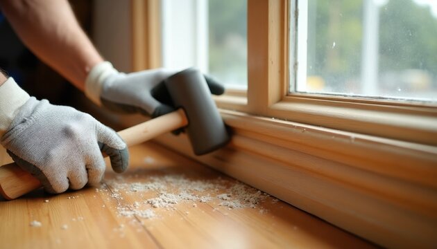 Hands in gloves use rubber mallet to gently tap wooden baseboard trim around window. Sawdust visible on floor, indicating carpentry work in progress for home renovation or repair.