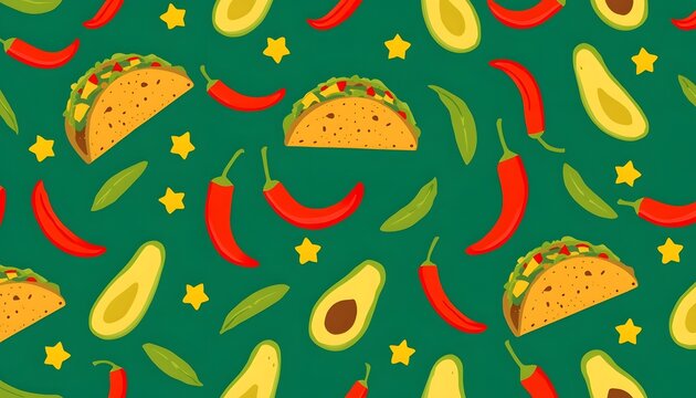Mexican food elements including taco and chili pepper repeating on green backdrop in sharp flat lay style for restaurant branding