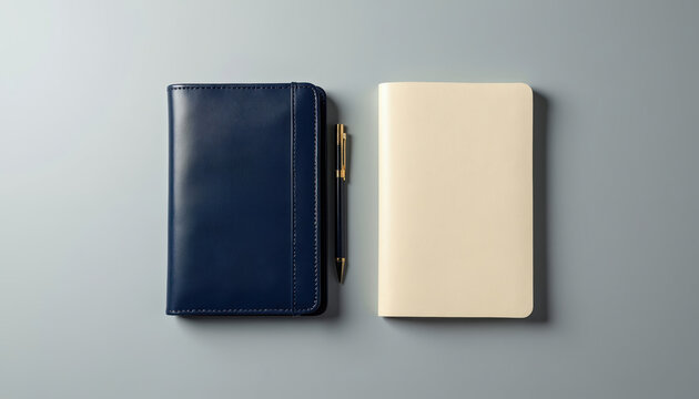 Flat lay of a navy blue leather passport holder and a cream notebook with a pen. Items are arranged on a grey background suggesting travel planning or business organization.