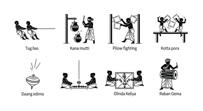 Sri Lanka Traditional New Year Games Vector Silhouette Set - Sinhala and Tamil Avurudu Festival Activities including Kotta Pora, Kana Mutti, Tug of War, Raban Geseema, Olinda Keliya, and Folklore Art.