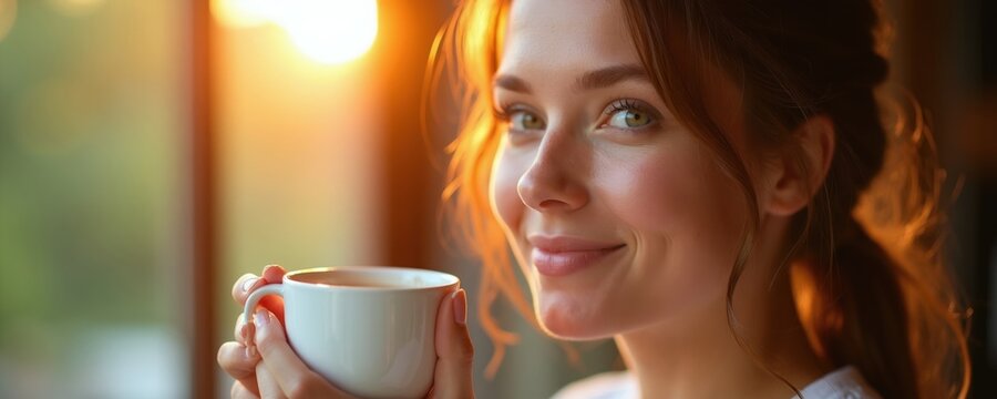 Woman holds white mug, enjoying warm sunrise light indoors. She has gentle smile and looks away from camera, relaxed mood. Soft sunlight illuminates her face and hair, creating peaceful atmosphere.