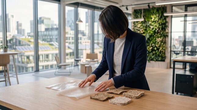 Businesswoman examining biodegradable packaging materials and eco-friendly samples on wooden table in modern office with city view window.