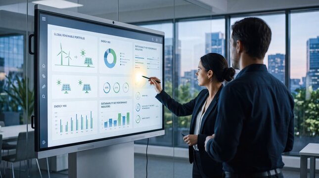 Woman presenting global renewable portfolio on large interactive screen, energy mix pie chart, sustainability performance indicators, solar and wind power icons, green technology