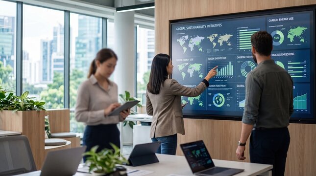 Corporate team presenting global sustainability initiatives on large wall display, analyzing carbon footprint and green energy usage data, environmental responsibility and