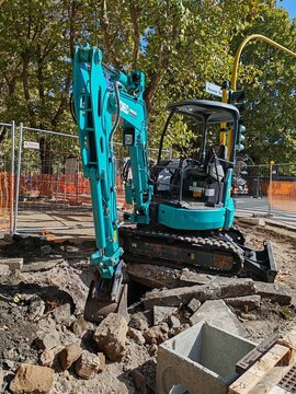 Rome, Italy - October 11, 2025, detail of an earthmoving machine for road and urban redevelopment work, built with a Bobcat.