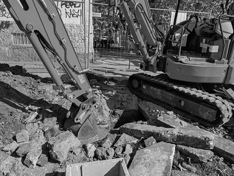 Rome, Italy - October 11, 2025, detail of an earthmoving machine for road and urban redevelopment work, built with a Bobcat.