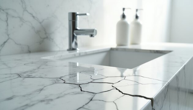Cracked marble countertop shows wear and tear. Modern faucet and soap dispensers are near sink. Stone surface defect is visible. Home interior damage problem.