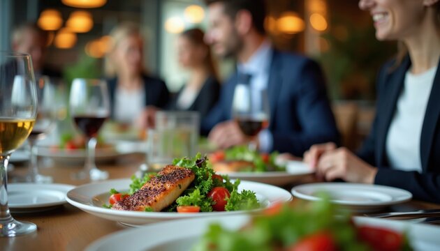 Professionals dine in upscale restaurant. Colleagues enjoy salmon salad and wine at table. People have business lunch meeting in modern eatery, discussing work matters.
