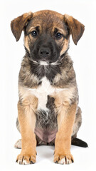 Naklejka premium Happy puppy close view isolated on white background, cheerful young dog, cute pet portrait