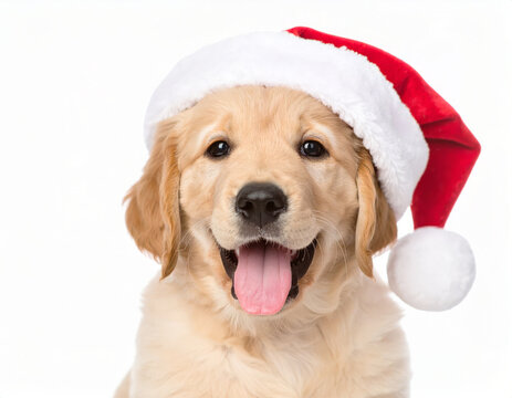 Happy puppy close view isolated on white background, cheerful young dog, cute pet portrait