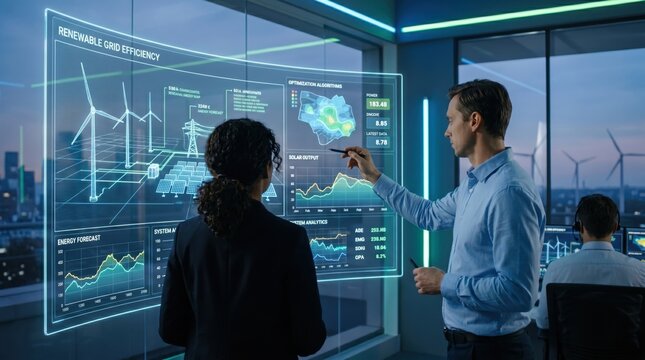 Renewable grid efficiency dashboard with wind turbines, solar panels and energy forecast charts for smart city sustainable power management and optimization algorithms in modern