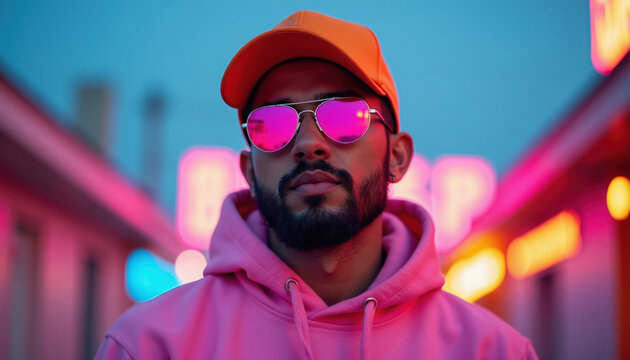 Young man wears pink hoodie orange cap sunglasses. He stands in city street at night. Neon lights glow brightly around him. He looks cool and trendy.