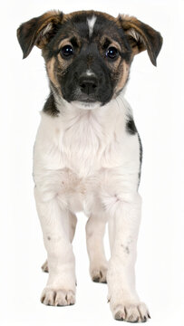 Happy puppy close view isolated on white background, cheerful young dog, cute pet portrait
