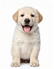 Obraz premium Happy puppy close view isolated on white background, cheerful young dog, cute pet portrait