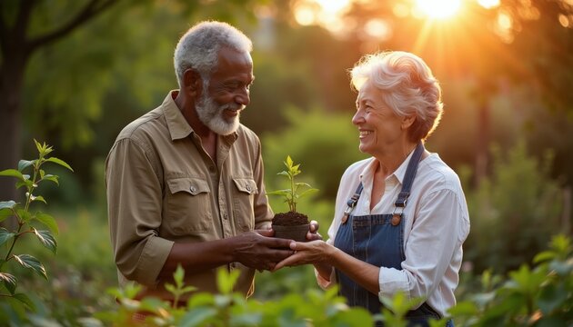 Elderly diverse couple garden together at sunset. Man gives woman plant seedling. They smile in lush backyard. Healthy hobby, happy retirement life.