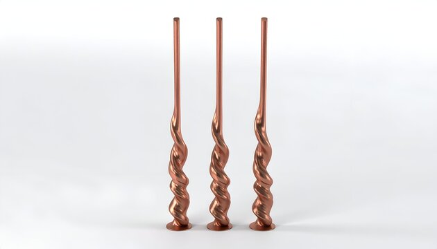 Elegant minimalist 3D rendering highlighting three smooth glossy metallic bronze twisted magical staffs standing upright.