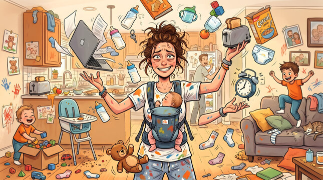 Overwhelmed mother multitasking with chaotic family life at home in flat design illustration