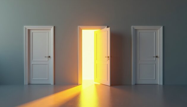 One open door emits bright light. Two closed doors stand beside it. Concept for choices and new beginnings. Minimalist interior with shadows and light.