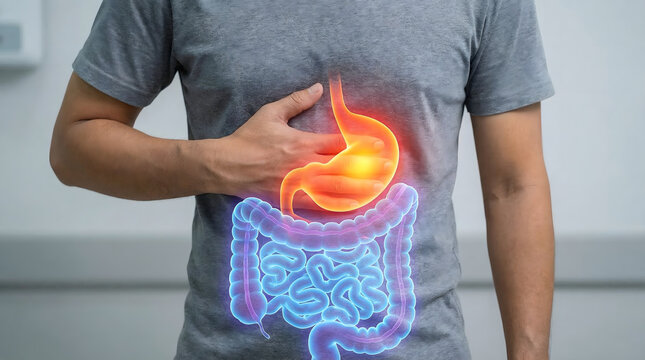 A person suffers from abdominal pain with glowing digital representations of the stomach and intestines highlighting discomfort