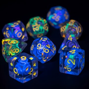 Glowing Polyhedral Dice Set Closeup.