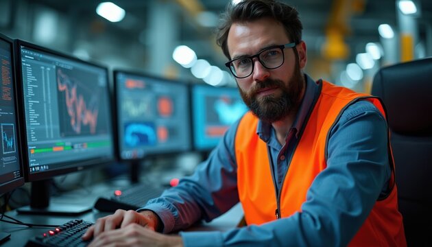 Man in safety vest works at computers with data graphs. Operator monitors industrial process on screens. Control room engineer manages systems, analyses information for efficiency.