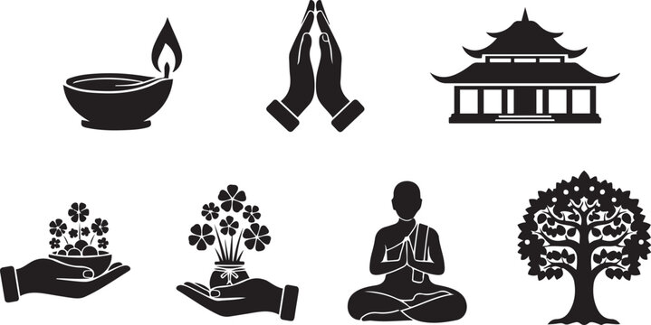 Buddhist Religion and Vesak Culture Vector Icon Set, Isolated Solid Black Icons of Buddha Monk, Bodhi Tree, Oil Lamp, Pagoda Temple, Praying Hands and Flowers Offering Elements for Poya Celebration.