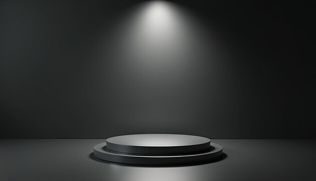 Empty stage platform with two round levels illuminated by spotlight. Minimalist studio background for product placement. Stage for awards or presentation.