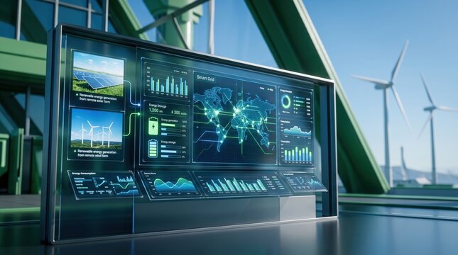 Futuristic smart grid energy management dashboard displaying solar and wind power generation data with world map connectivity, renewable energy monitoring system interface in