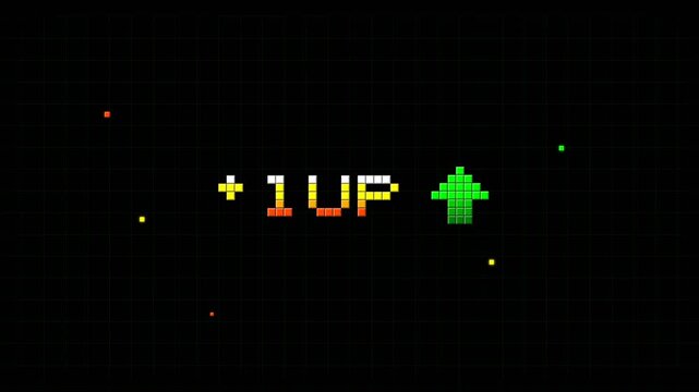 Retro 8-bit style plus one up message with pixelated green arrow on black grid background.