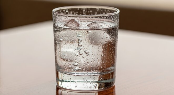 Chilled glass of water with ice cubes and condensation, refreshing cold beverage in a clear tumbler, pure mineral water for hydration and health
