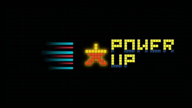 Retro 8-bit pixel art animation featuring a glowing star and power up text on a grid background