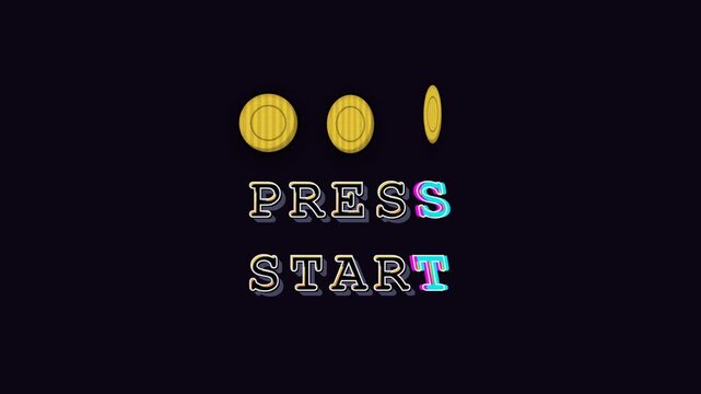 Retro video game press start text animation with spinning gold coins and glitch effect.