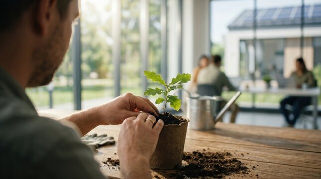 Man hands planting small oak sapling in biodegradable pot on wooden table inside modern office space, sustainability and corporate social responsibility concept with colleagues