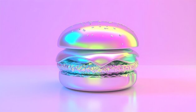 Bizarre surreal food illustration of a glowing iridescent holographic hamburger on a bright purple background.