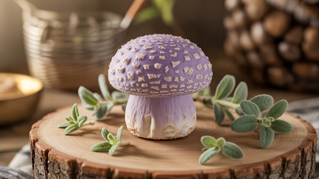 Mushroom with a vibrant purple cap sits on a circular wooden slice surrounded by small green herbs inside a rustic kitchen setting that provides a warm and cozy atmosphere for culinary photography.