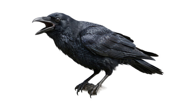 A black crow with its beak open, captured in a detailed, isolated studio shot against a clean white background, conveying a stark, monochrome mood.