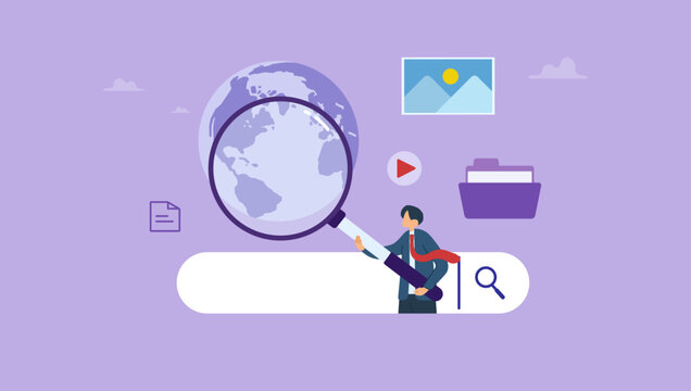 Businessman in search bar looking through magnify glass. Searching, finding, information service, Q and A, customer support, find the answer concept.