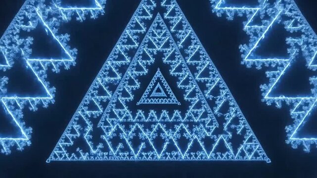Glowing blue triangle with intricate neon design and fractal patterns