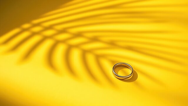 Tropical leaf shadows on warm yellow background with a minimalist silver ring on cobblestone texture. 