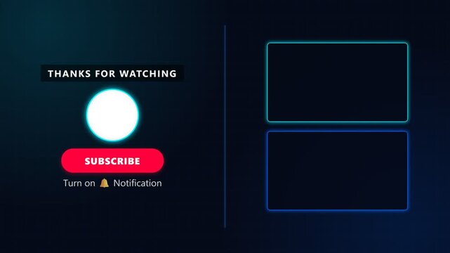 Professional end screen animation featuring thanks for watching text, subscribe button and video placeholders on dark grid background.