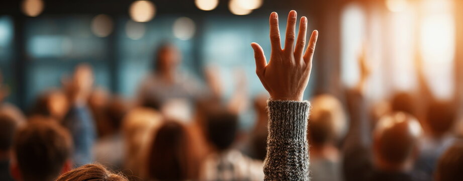 People raising hands during business seminar or workshop conference professional training education corporate skills development audience participation learning environment
