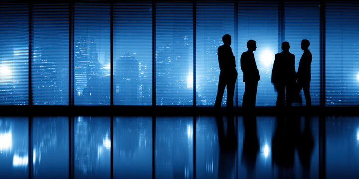 Silhouettes of business people standing in modern office building looking at city skyline at night corporate teamwork collaboration professional lifestyle urban leadership scene