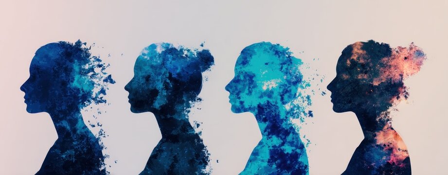 Conceptual art of human profiles dissolving into abstract clouds of color cosmic energy mental transformation identity shift emotional evolution surreal expression