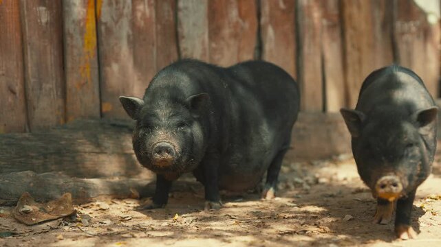 Black vietnamese pot-bellied pigs in a farm pen