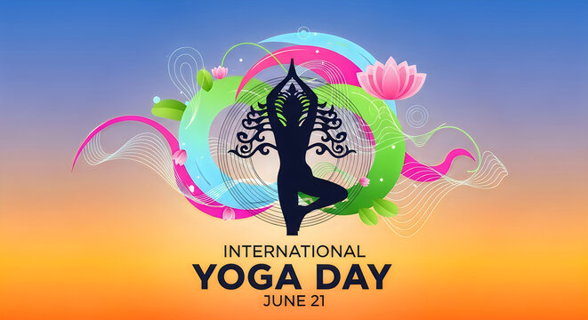 International Yoga Day colorful abstract illustration with yoga pose silhouette