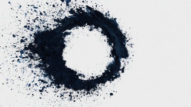 Abstract circle frame made of dark blue powder paint splatter on clean white background with dynamic texture for modern artistic design
