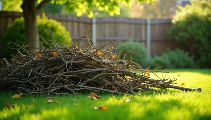 Naklejka premium Cut tree branches lie in a pile on green grass in a sunny backyard. Yard work, garden cleanup, and autumn pruning debris are visible against rich foliage and a wooden fence.