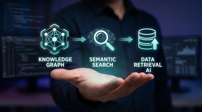 A person presenting knowledge graph, semantic search, and data retrieval ai concepts in a futuristic tech environment with coding screens