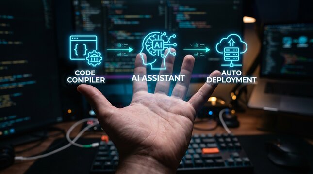 Hand with ai assistant code compiler and auto deployment icons in front of computer screens